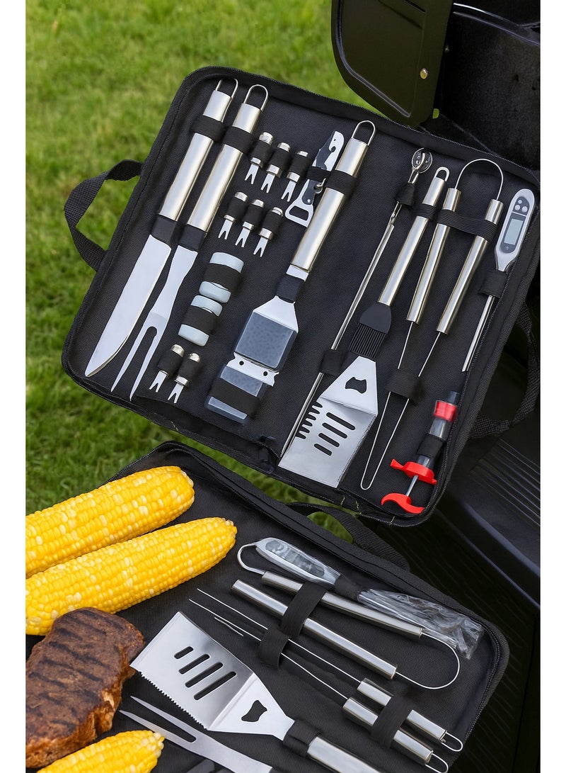 AFT Complete 24-Piece Stainless Steel BBQ Grill Tool Set with Digital Thermometer, Meat Injector, Skewers, Corn Holders, and Full Grilling Accessories Kit in a Portable Carrying Bag. - Image 1