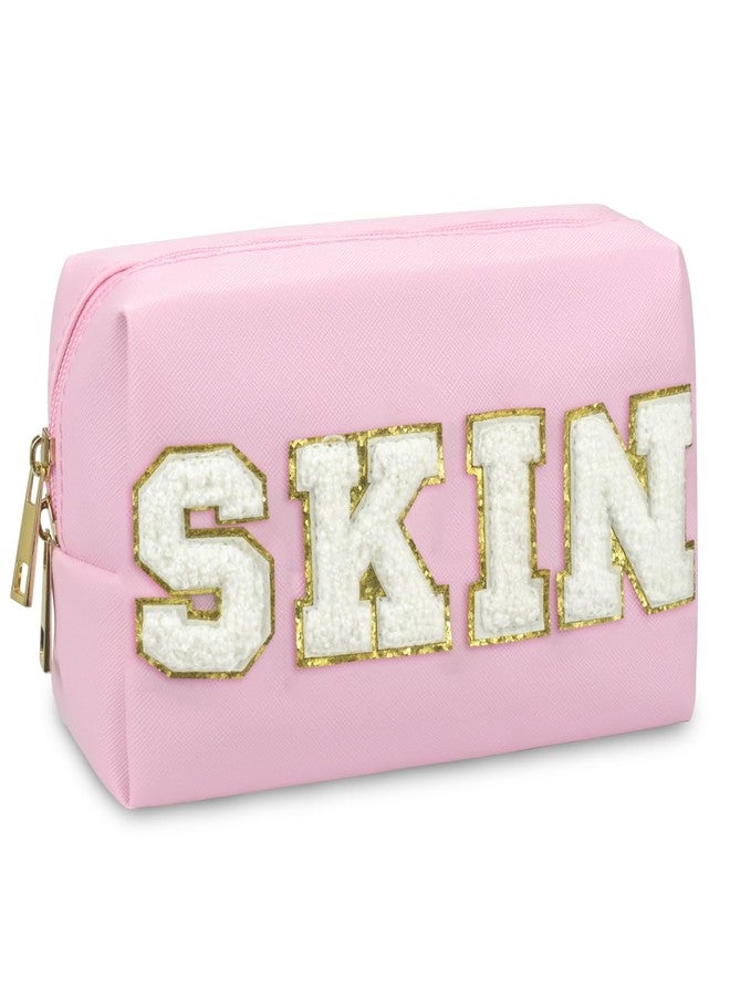 Gosuoa Preppy Patch Makeup Bag, Smile Lightning Heart PU Leather Portable Waterproof Preppy Cosmetic Bag, Daily Use Cute Travel Toiletry Bag for Women Girls, Pink SKIN, Preppy Patch - Image 1