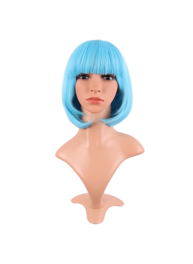 MapofBeauty 12 Inch 30 cm Fashion Lady Short Straight Synthetic Flat Bangs Bob Wig Light Blue - Image 2