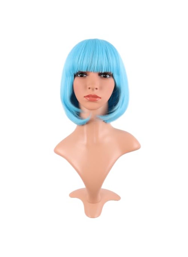 MapofBeauty 12 Inch 30 cm Fashion Lady Short Straight Synthetic Flat Bangs Bob Wig Light Blue - Image 1