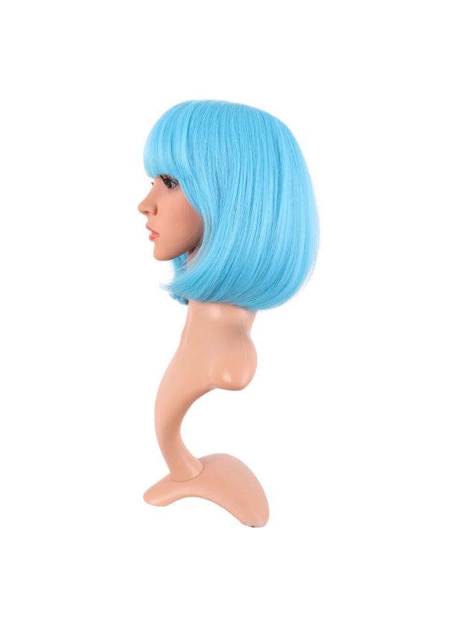 MapofBeauty 12 Inch 30 cm Fashion Lady Short Straight Synthetic Flat Bangs Bob Wig Light Blue - Image 4