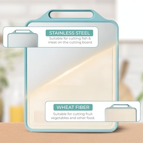 BHUMLO Double Sided Cutting Board – Stainless Steel & Wheat Straw Vegetables Chopping Board for Kitchen, Dishwasher Safe, Large Food-Grade Board for Meat, Vegetables & Fruits (Light Blue) - Image 2