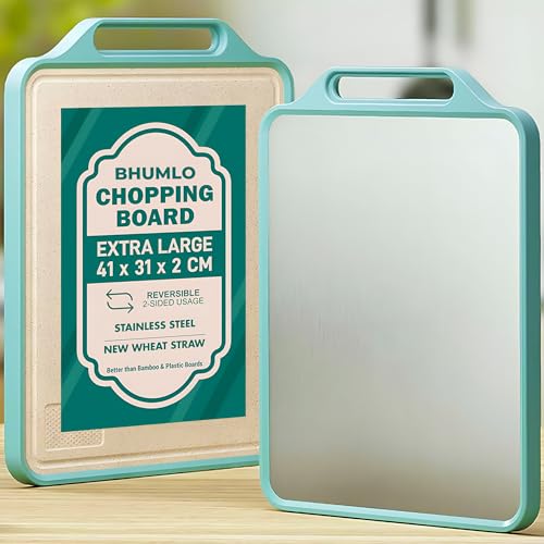 BHUMLO Double Sided Cutting Board – Stainless Steel & Wheat Straw Vegetables Chopping Board for Kitchen, Dishwasher Safe, Large Food-Grade Board for Meat, Vegetables & Fruits (Light Blue) - Image 1