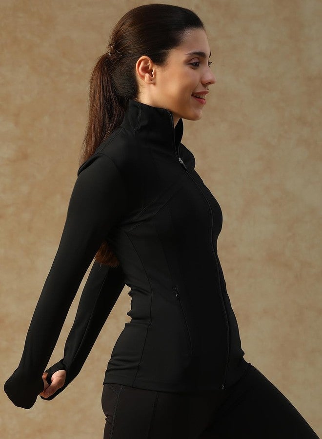 ATHLISIS Womens Training Jacket with Thumbhole Sleeves & Mock Neck Full Zip, Quick-Dry, Lightweight Stretchable Activewear for Gym, Yoga, Workout & Sports (IN, Alpha, XL, Regular, Black) - Image 3