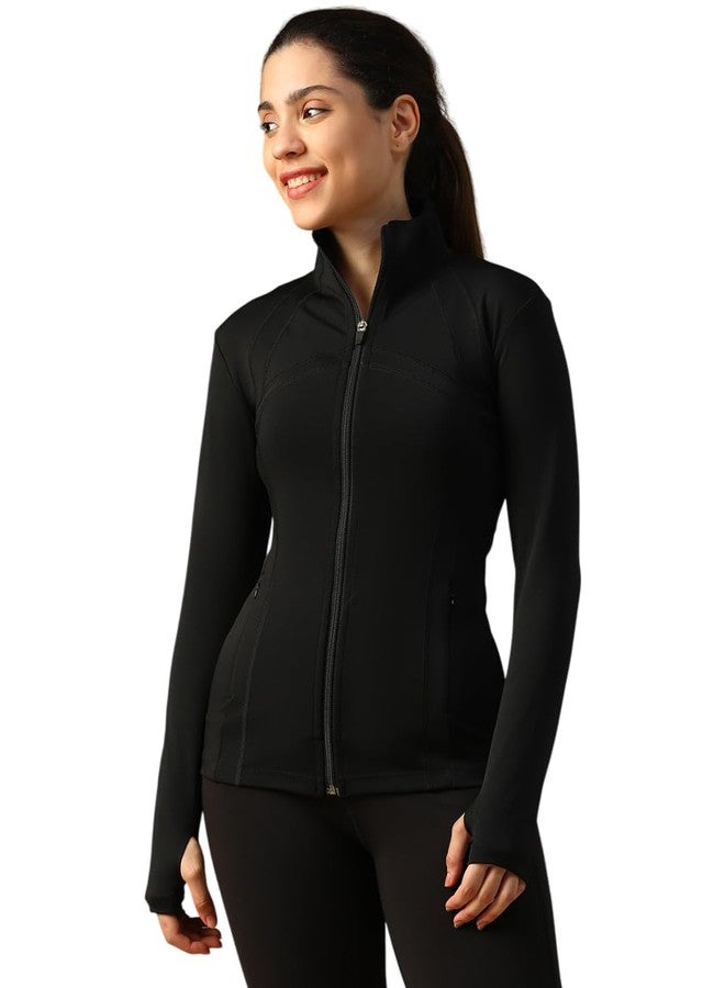 ATHLISIS Womens Training Jacket with Thumbhole Sleeves & Mock Neck Full Zip, Quick-Dry, Lightweight Stretchable Activewear for Gym, Yoga, Workout & Sports (IN, Alpha, XL, Regular, Black) - Image 1