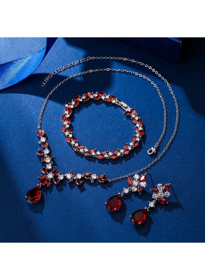 EleQueen Women'S Wedding Bridal Jewelry Set For Brides Bridesmaids Sparkle Cubic Zirconia Teardrop Necklace Dangle Earrings Bracelet Sets For Party Prom Ruby Color - Image 2