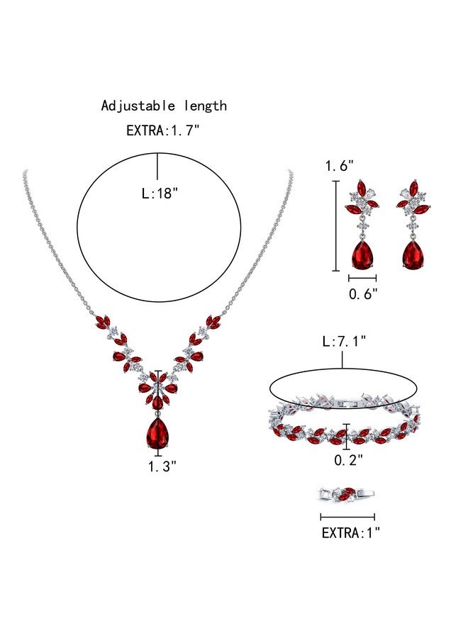 EleQueen Women'S Wedding Bridal Jewelry Set For Brides Bridesmaids Sparkle Cubic Zirconia Teardrop Necklace Dangle Earrings Bracelet Sets For Party Prom Ruby Color - Image 3