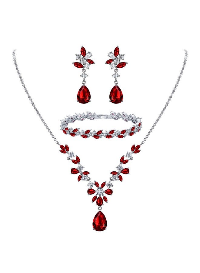 EleQueen Women'S Wedding Bridal Jewelry Set For Brides Bridesmaids Sparkle Cubic Zirconia Teardrop Necklace Dangle Earrings Bracelet Sets For Party Prom Ruby Color - Image 1