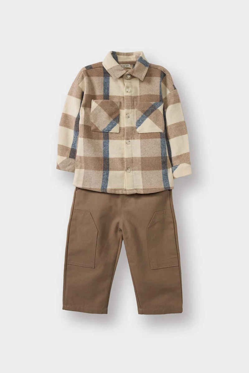 ديفاكتو Baby Boy Checkered Flannel Shirt Trousers 2 Piece Set