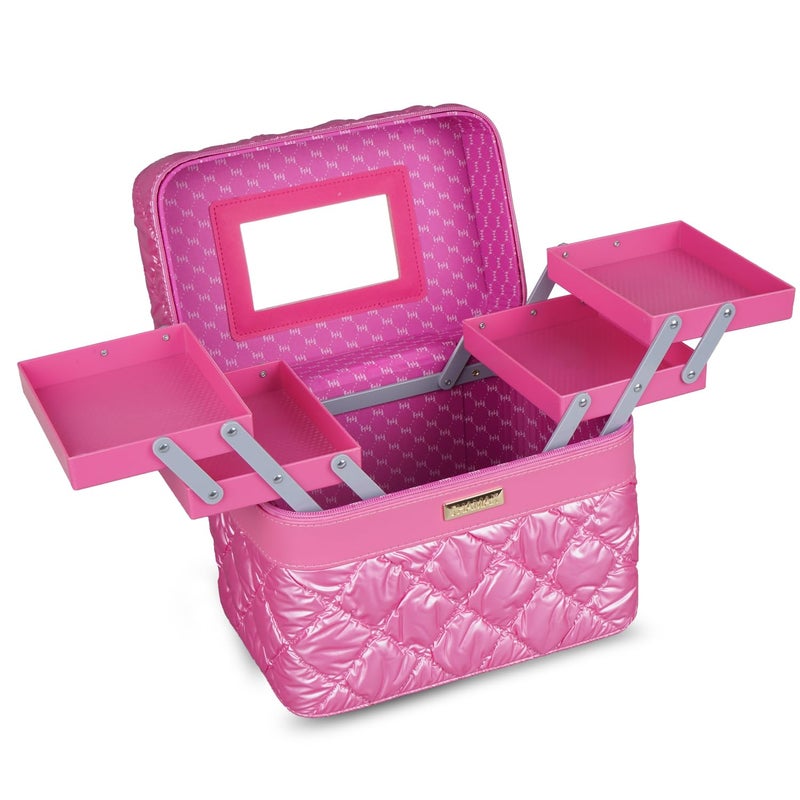 SHAMAX Cosmetic Bridal Make Up Box Trousseau Box Vanity Beauty Case Organizer for Wedding Makeup Box 4 Trays Foldable Vanity Case Large Dual Zipper Hd Mirror Mini Luggage 630 HOTPINK - Image 2