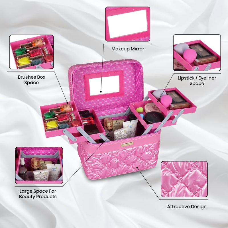 SHAMAX Cosmetic Bridal Make Up Box Trousseau Box Vanity Beauty Case Organizer for Wedding Makeup Box 4 Trays Foldable Vanity Case Large Dual Zipper Hd Mirror Mini Luggage 630 HOTPINK - Image 4