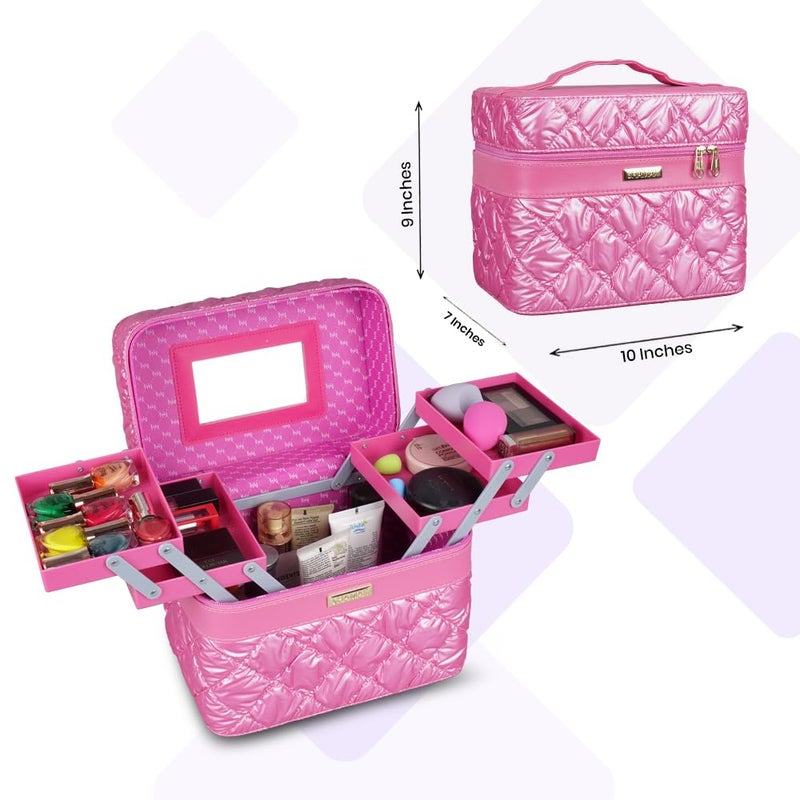 SHAMAX Cosmetic Bridal Make Up Box Trousseau Box Vanity Beauty Case Organizer for Wedding Makeup Box 4 Trays Foldable Vanity Case Large Dual Zipper Hd Mirror Mini Luggage 630 HOTPINK - Image 3