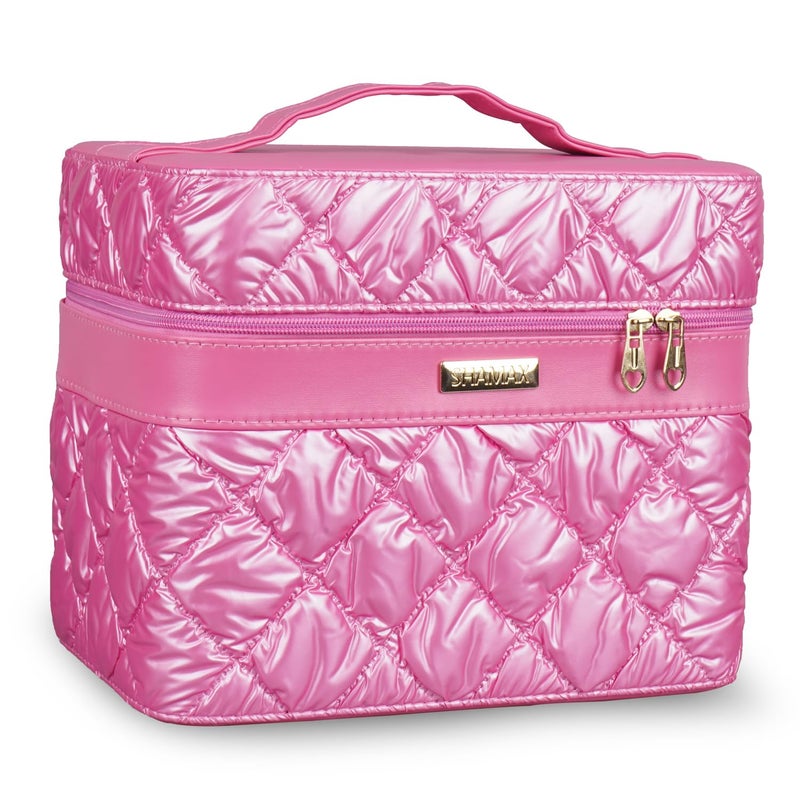 SHAMAX Cosmetic Bridal Make Up Box Trousseau Box Vanity Beauty Case Organizer for Wedding Makeup Box 4 Trays Foldable Vanity Case Large Dual Zipper Hd Mirror Mini Luggage 630 HOTPINK - Image 1
