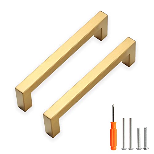 Redunest Cabinet Pulls Gold Cabinet Handles Square Drawer Pulls, 5 Pack 5 Inch Stainless Steel Kitchen Door Cupboard Cabinet Handles, Drawer Hardware Handles, 128mm Hole Centers - Image 1