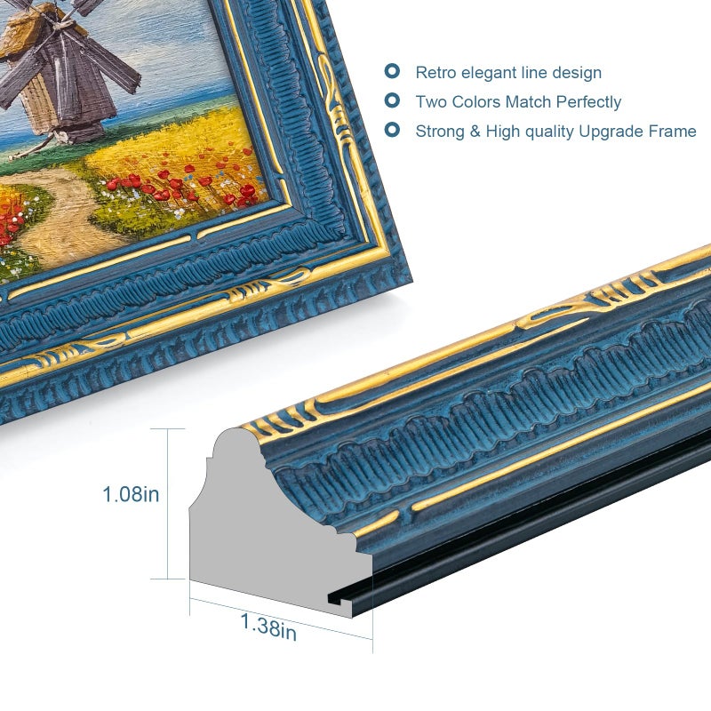 GULETHUN 18x24 Picture Frame Blue Gold - Vintage Photo Frame 18 by 24, Retro Home Decor Wall Hanging Gallery Frames, Sturdy, Plexiglass, Antique Ornate Poster Frame for Vertical & Horizontal Display - Image 3