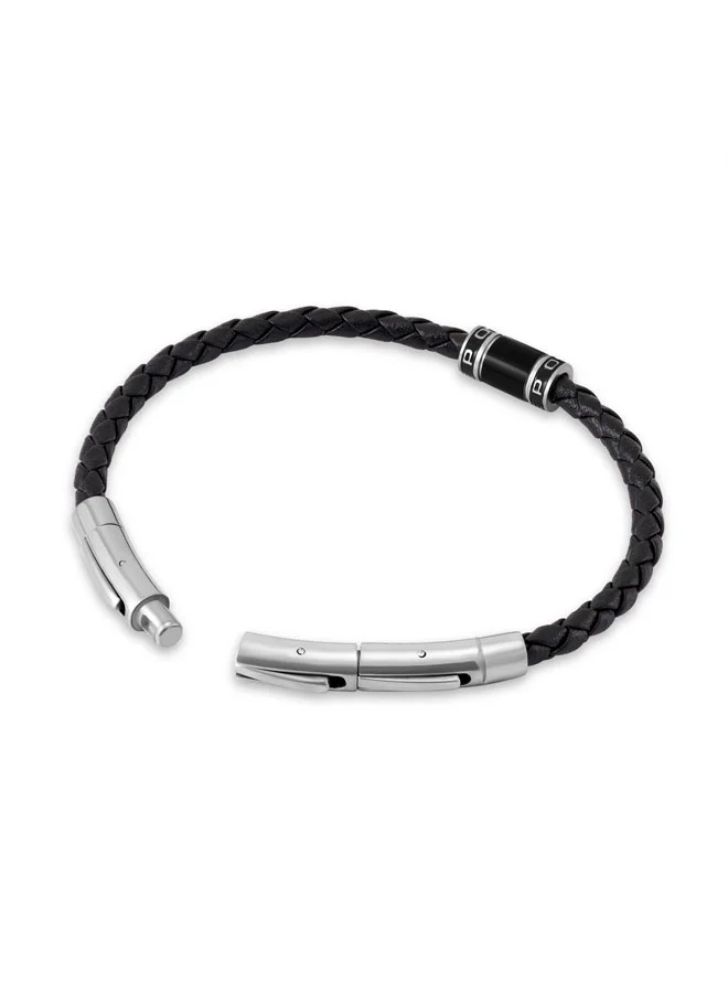 POLICE Carbon Black Slim Braided Leather Bracelet for Men