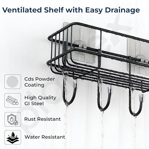 Plantex Bathroom Organiser Without Drill/GI Steel Self Adhesive Bathroom Shelf/Bathroom Stand for Wall/Bathroom Accessories Set Pack of 1 (Black, CED Powder Coated) - Image 2