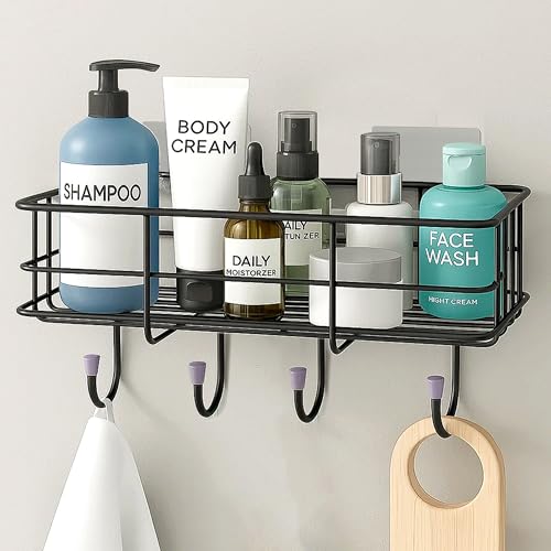 Plantex Bathroom Organiser Without Drill/GI Steel Self Adhesive Bathroom Shelf/Bathroom Stand for Wall/Bathroom Accessories Set Pack of 1 (Black, CED Powder Coated) - Image 1