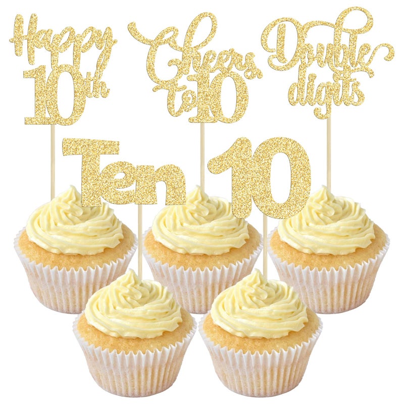 Ephlyn 30 Pack Happy 10th Birthday Cupcake Toppers Gold Glitter Happy 10th Cheers to 10 Years Old Birthday Cupcake Picks for 10th Birthday Anniversary Party Cake Decorations Supplies - Image 1