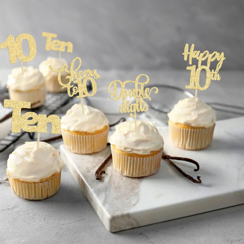 Ephlyn 30 Pack Happy 10th Birthday Cupcake Toppers Gold Glitter Happy 10th Cheers to 10 Years Old Birthday Cupcake Picks for 10th Birthday Anniversary Party Cake Decorations Supplies - Image 5