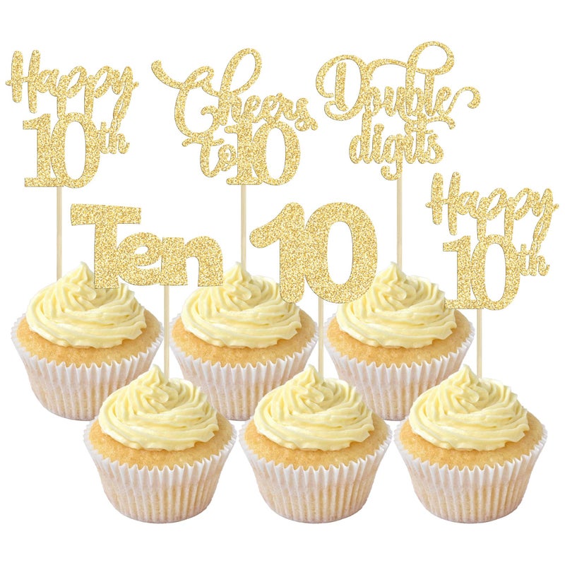 Ephlyn 30 Pack Happy 10th Birthday Cupcake Toppers Gold Glitter Happy 10th Cheers to 10 Years Old Birthday Cupcake Picks for 10th Birthday Anniversary Party Cake Decorations Supplies - Image 2
