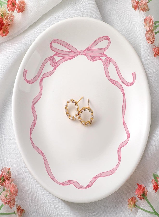 DoubleFill Pink Bow Jewelry Dish Trinket Tray Coquette Ceramic Jewelry Dish for Rings Earrings Necklaces Coquette Room Decor - Image 1
