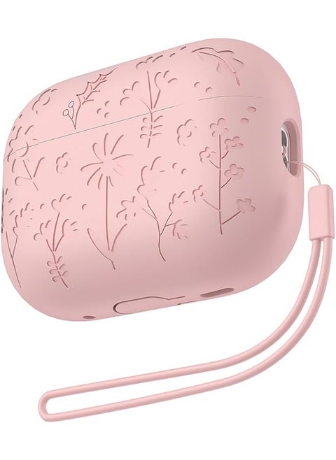 Flora Engraved Case For Airpods 4 With Active Noise Cancellation Cover Shockproof Protective Sofe Silicone Case With Lanyard For Airpods 4Th Generation Pink