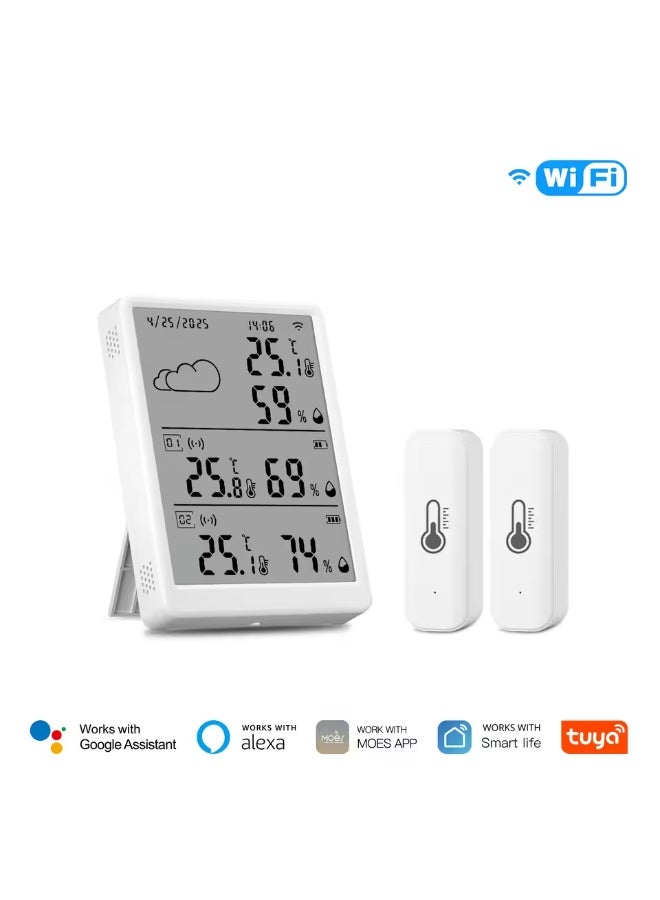 MOCOM Smart WiFi LCD Weather Station (Built-in Hygrometer/Thermometer) + 2 Wireless Temperature & Humidity Sensors | Works with Alaxa & Google Home | Tuya/Smart Life App | Real-Time Alerts, Calibration, °C/°F Switch, Long-Range Wireless Monitoring