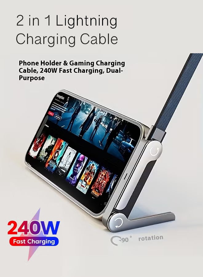 اراباش كابل شحن سريع مضفر بقوة 240 واط مع حامل قابل للطي، كابل شحن USB-A إلى Lightning لأجهزة iPhone و iPad، كابل ألعاب متين - Image 1