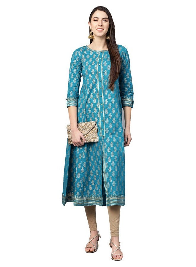 Yash Gallery كورتا أناركالي قطنية بطباعة ذهبية للنساء (X-Large أزرق) - Image 1
