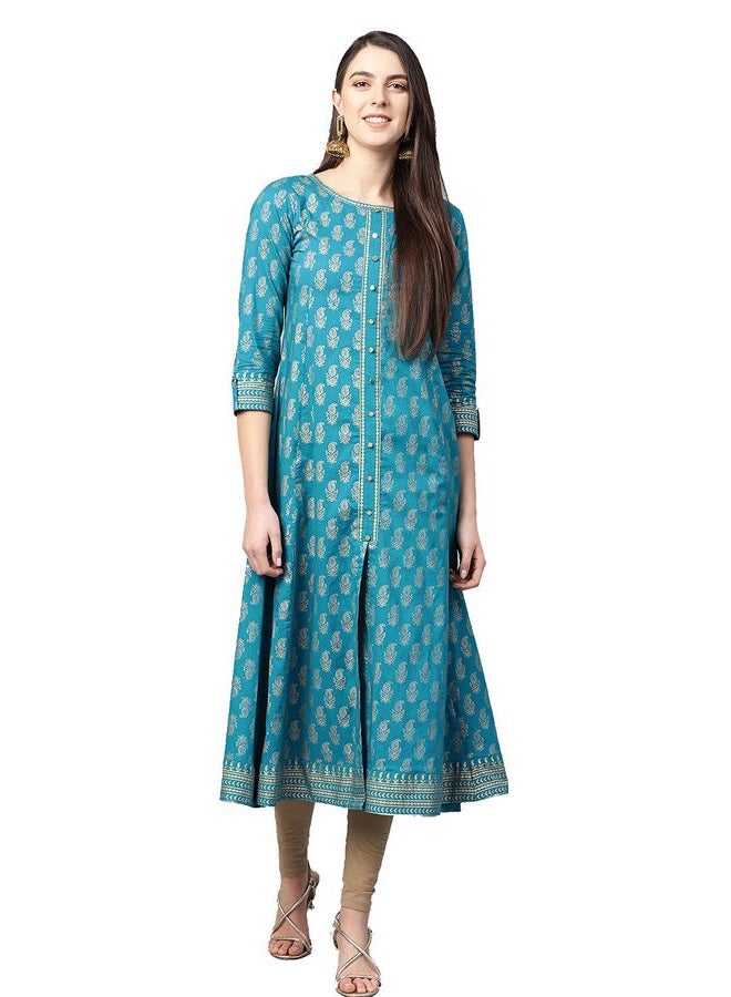 Yash Gallery كورتا أناركالي قطنية بطباعة ذهبية للنساء (X-Large أزرق) - Image 3