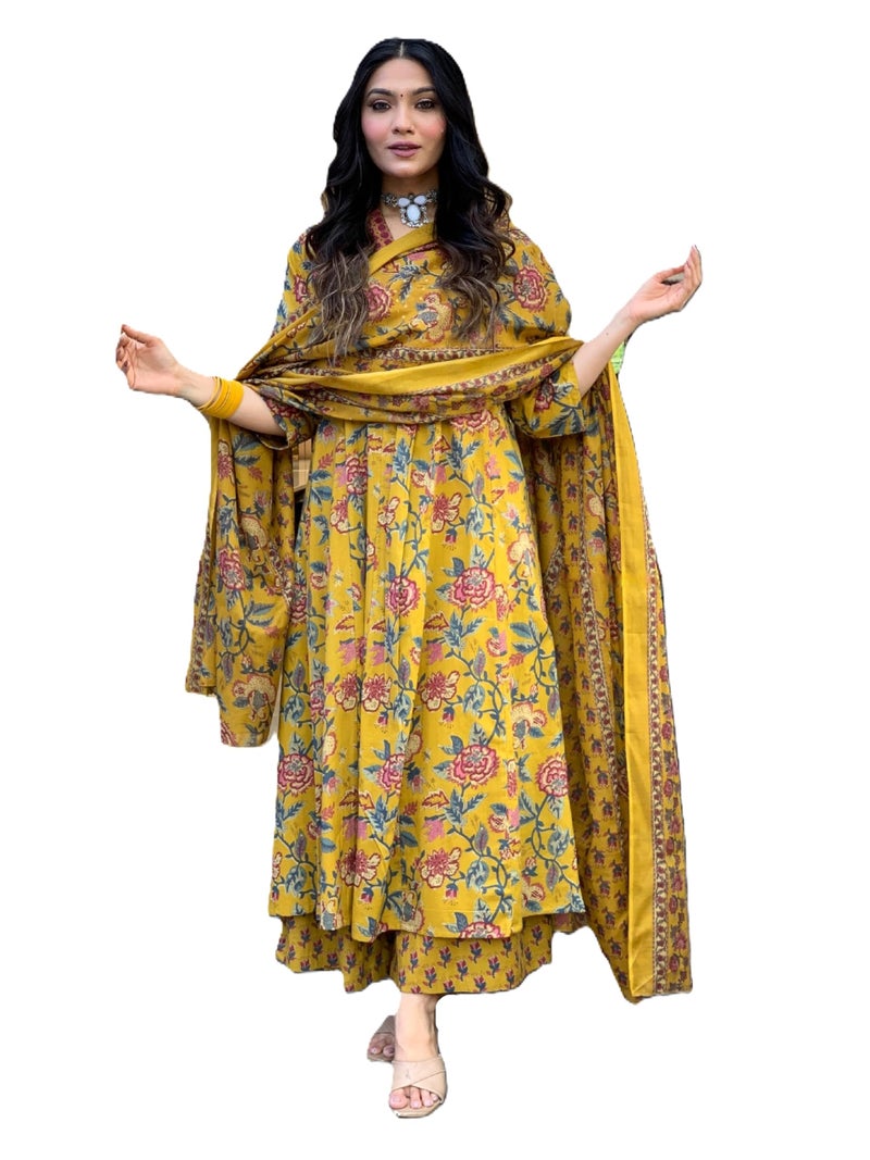 Arayna Women's Pure Cotton Block Printed Kurta Set with Palazzo Pants & Dupatta - Ethnic Wear, Yellow, Medium - Image 1