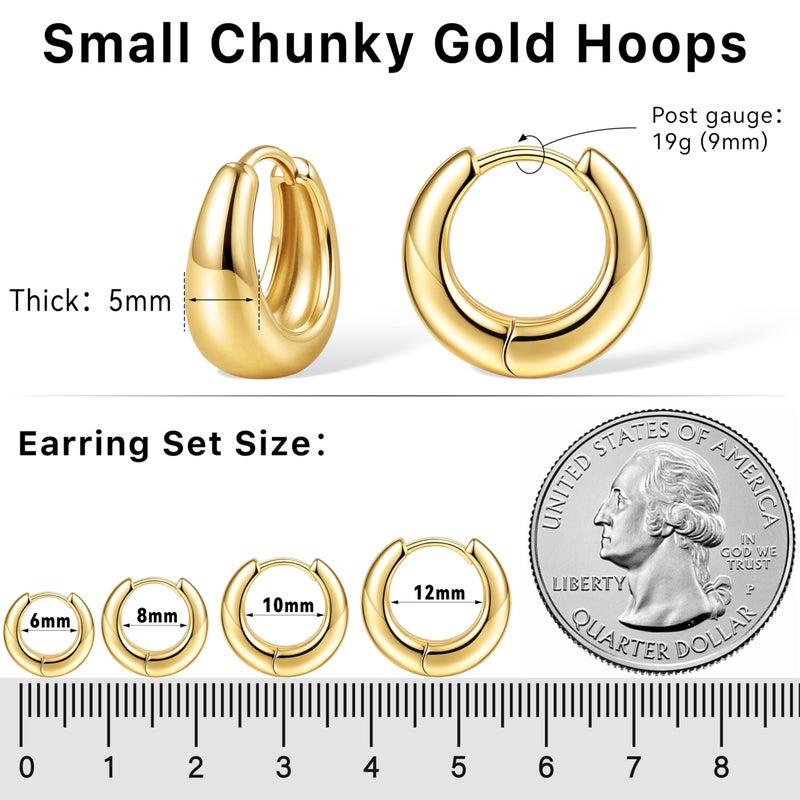 Poxtex 5mm Thick Chunky Gold Hoop Earrings for Women Non Tarnish, 14K Gold Plated Chunky Huggie Cartilage Earring Stack, Lightweight Cute Drop Earrings Sets for Multiple Piercing Dainty Trendy Clip On Jewelry - Image 4