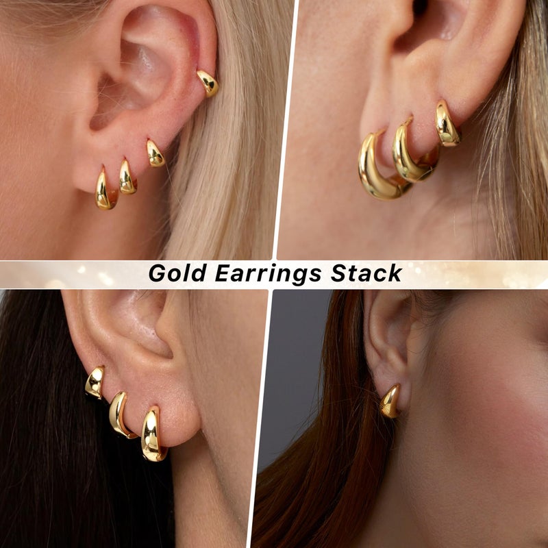 Poxtex 5mm Thick Chunky Gold Hoop Earrings for Women Non Tarnish, 14K Gold Plated Chunky Huggie Cartilage Earring Stack, Lightweight Cute Drop Earrings Sets for Multiple Piercing Dainty Trendy Clip On Jewelry - Image 3