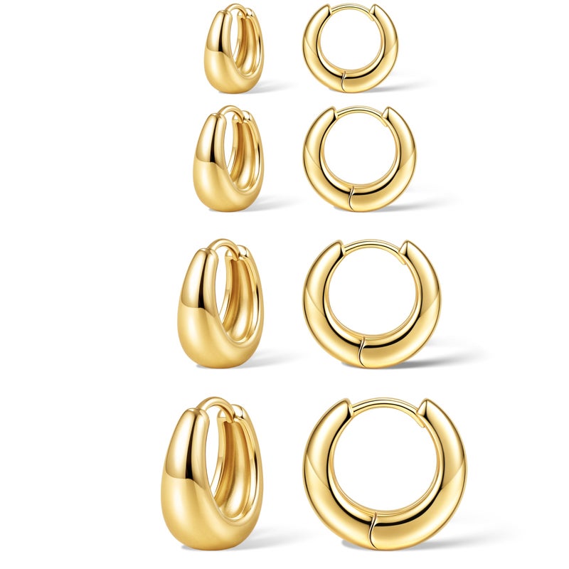 Poxtex 5mm Thick Chunky Gold Hoop Earrings for Women Non Tarnish, 14K Gold Plated Chunky Huggie Cartilage Earring Stack, Lightweight Cute Drop Earrings Sets for Multiple Piercing Dainty Trendy Clip On Jewelry - Image 1