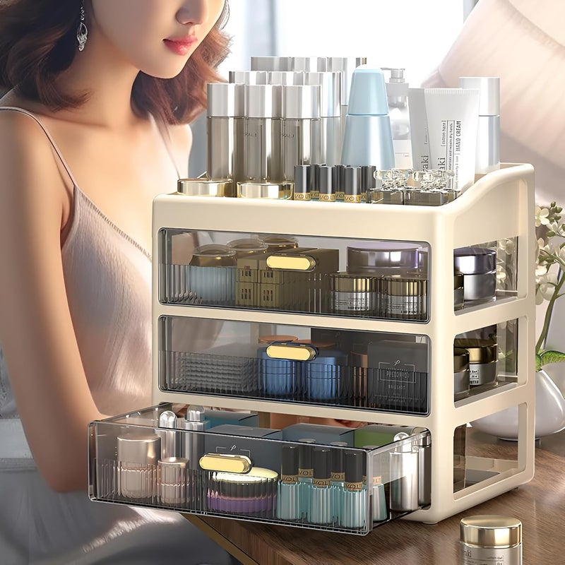 HOOPVOOL Desk Makeup Organizer, Plastic Storage Box with Sliding Drawer, Stylish Display Case for Cosmetics, Lotion, Nail Polish,Brushes,and Jewelry (1 - Layer, Cream) - Image 3