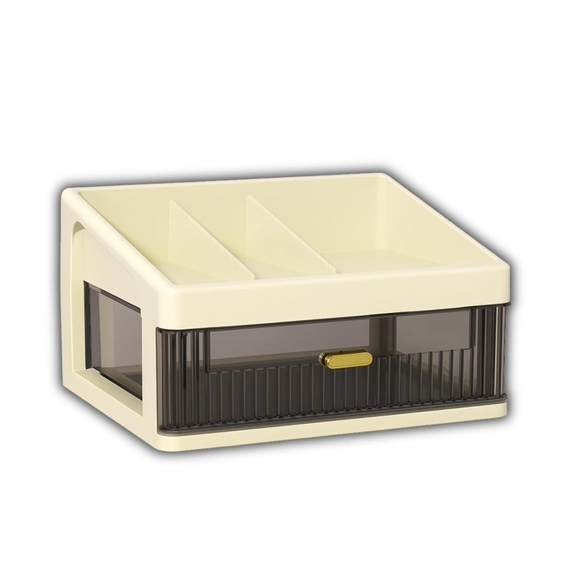 HOOPVOOL Desk Makeup Organizer, Plastic Storage Box with Sliding Drawer, Stylish Display Case for Cosmetics, Lotion, Nail Polish,Brushes,and Jewelry (1 - Layer, Cream) - Image 1