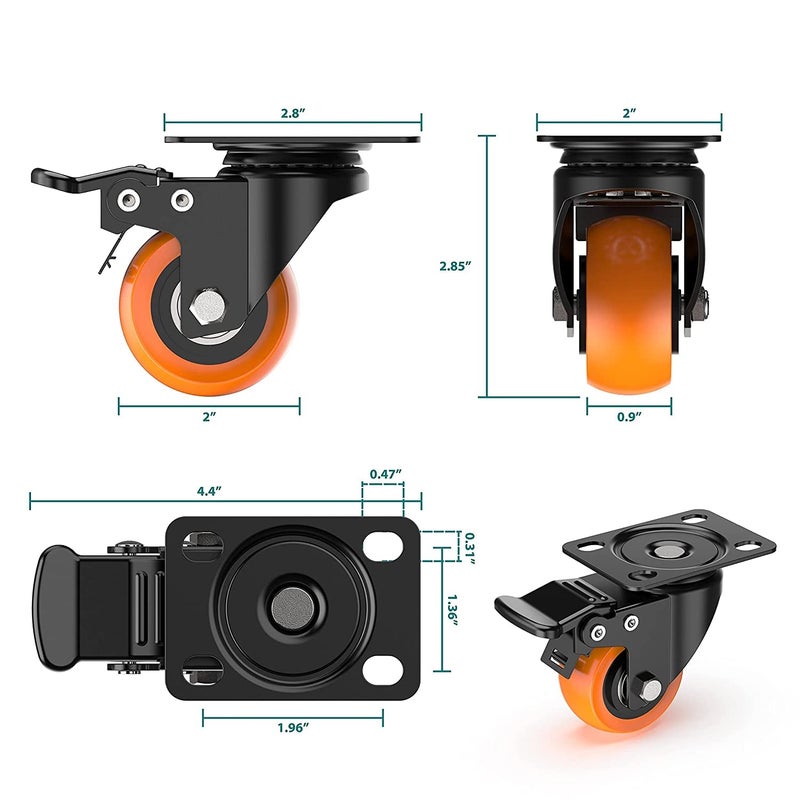 Caneuf Caneuf Polyurethane PU Swivel Caster Wheels with 360 Degree Top Plate Pack of 4 2 Inch  - Image 2