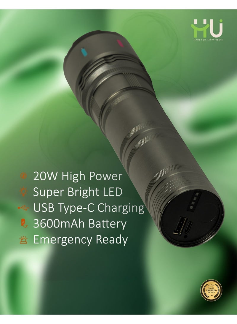 إتش يو كشاف LED قابل لإعادة الشحن بقدرة 20 واط – بطارية 3600mAh عالية الأداء مع شحن سريع Type-C، مصباح يدوي قوي ومتعدد الاستخدامات للتخييم والطوارئ والاستخدام الخارجي - Image 2