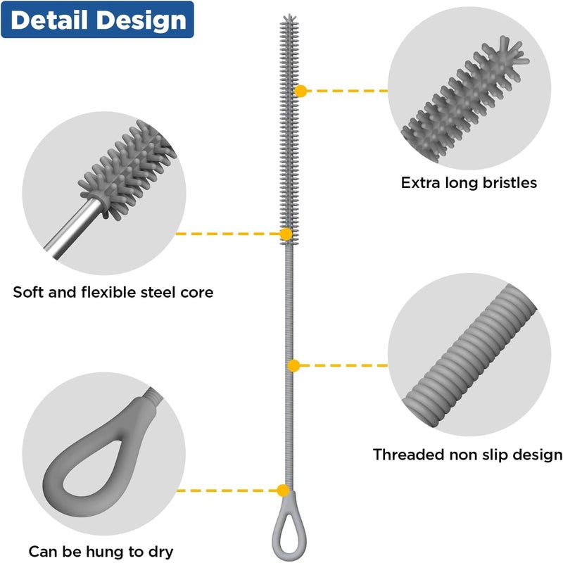 YOTIME Silicone Straw Cleaner Brush, 2Pcs Reusable Straw Brush Extra Long for Cleaning Tumbler with Handle and Glass Metal Smoothie Straws, Non-slip Handle Soft and Bendable, 6mm+9mm, Gray - Image 3
