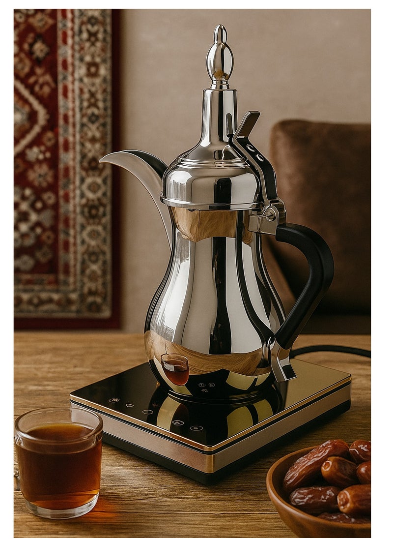 Home Master A silver Arabic coffee pot from Home Master HM-916, 900 watts, with 3 timer control settings for different flavors and automatic voice assistance.  - Image 2