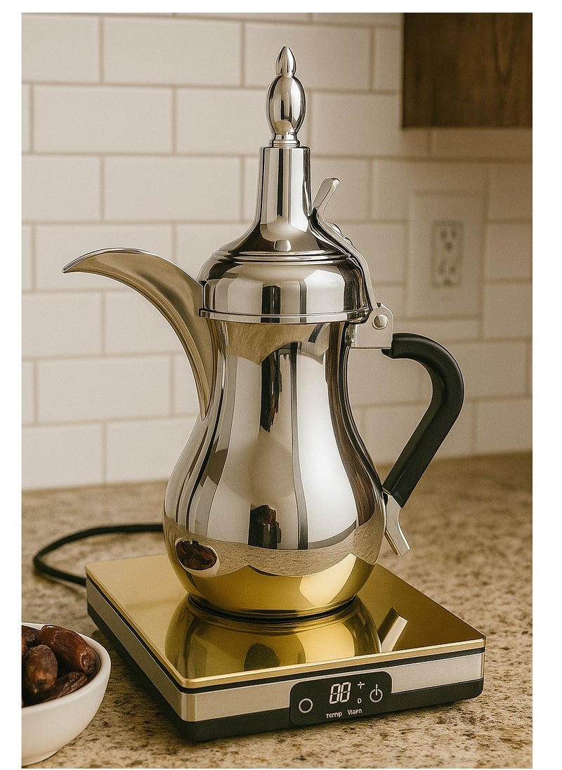 Home Master A silver Arabic coffee pot from Home Master HM-916, 900 watts, with 3 timer control settings for different flavors and automatic voice assistance.  - Image 3