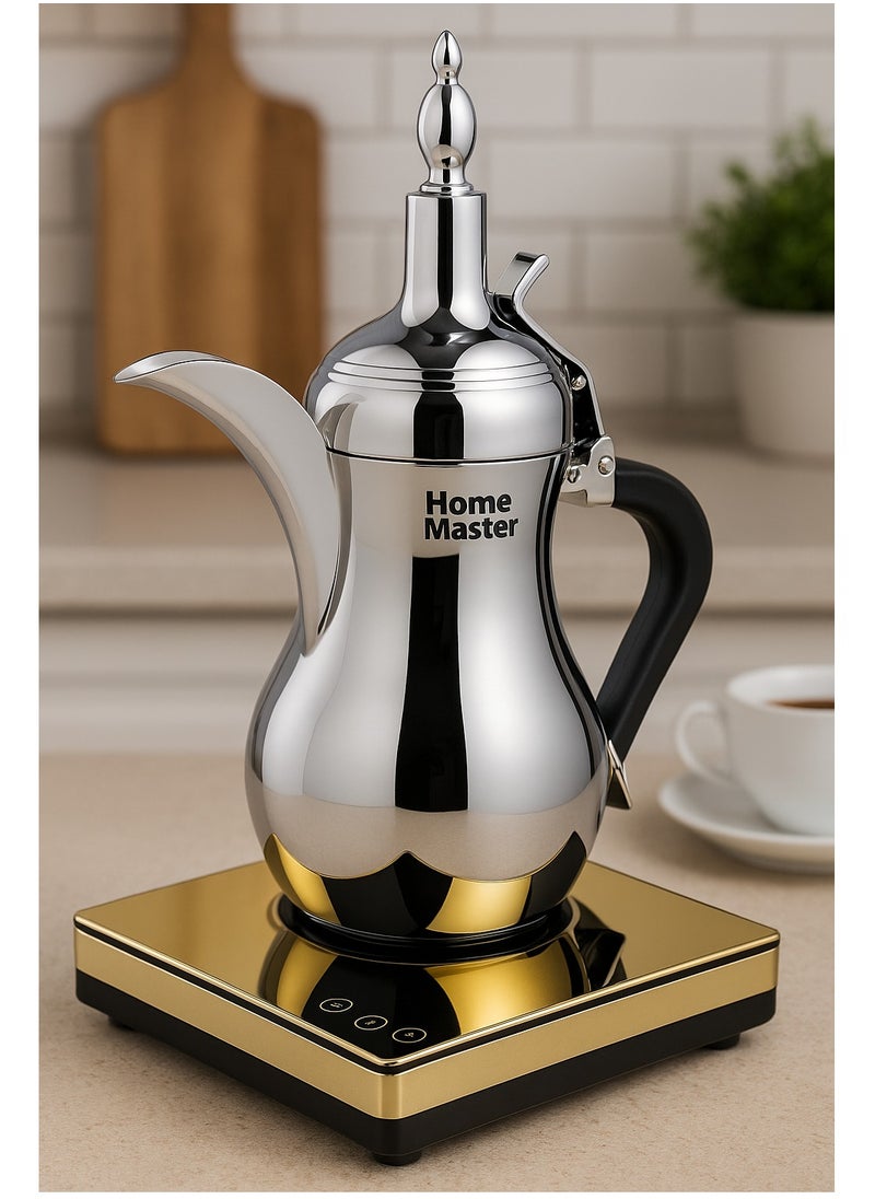 Home Master A silver Arabic coffee pot from Home Master HM-916, 900 watts, with 3 timer control settings for different flavors and automatic voice assistance.  - Image 4