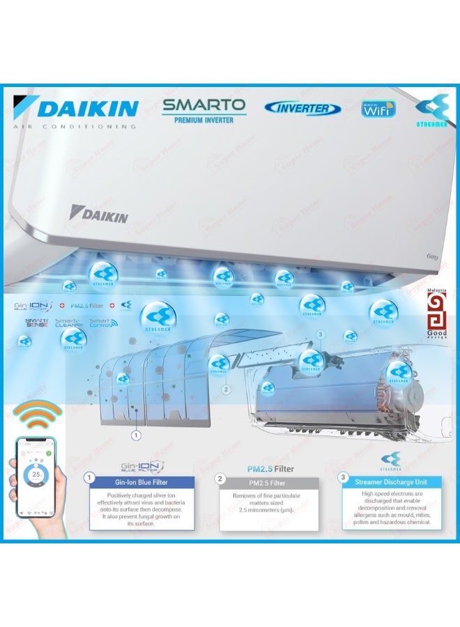 Daikin 1.5 Ton Inverter Split Air Conditioner 18000 BTU R32 Fast Cooling Energy Saving White - Image 1