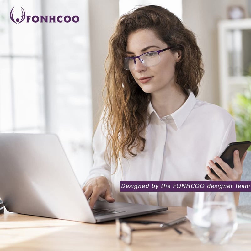 نظارات القراءة Fonhcoo للنساء الرجال الأزرق يمنع نظارات القراءة المعدنية نصف إطار قراء الكمبيوتر المضاد للأشعة فوق البنفسجية/الوهج/العين (الأرجواني 1.5) - Image 2