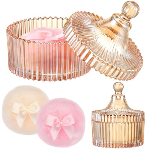 Tioncy 3 Pcs Large Body Powder Puff and Container Valentines Day gift Powder Container with Puff Crystal Case Soft Washable Reusable Velour Face Body Glitter Wet Dry MakeupClassicAmber - Image 1