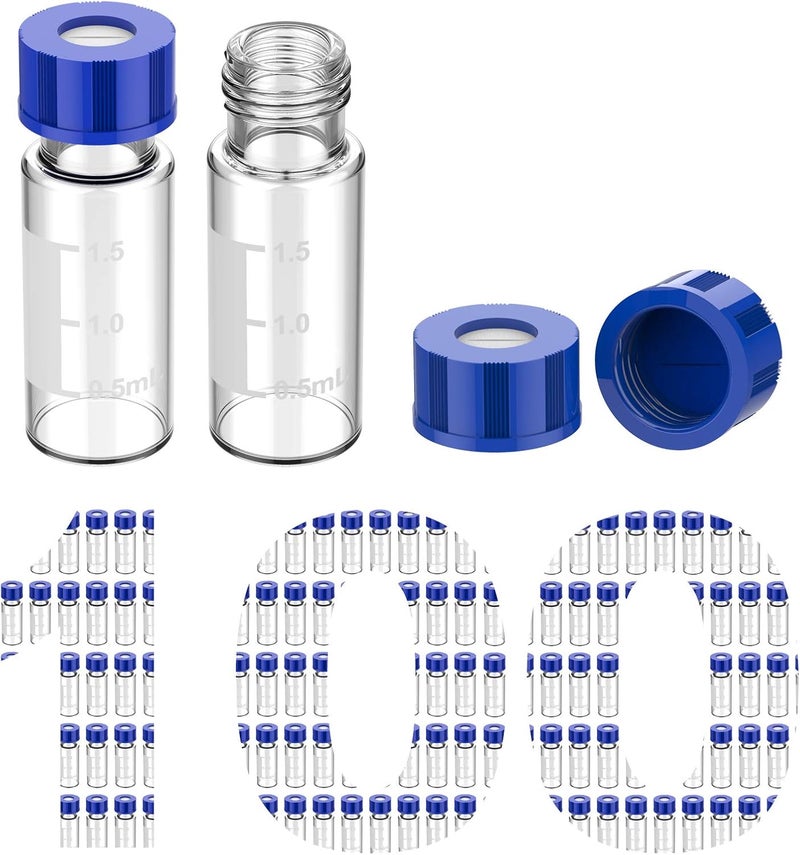 Membrane Solutions محلولات الغشاء 100 قطعة من قوارير العينات الأوتوماتيكية، قوارير عينات HPLC سعة 2 مل، قوارير زجاجية شفافة من نوع 9-425 مع مساحة للكتابة، تدرجات، أغطية لولبية من ABS زرقاء مقاس 9 مم وحواجز لعينات GC - Image 1