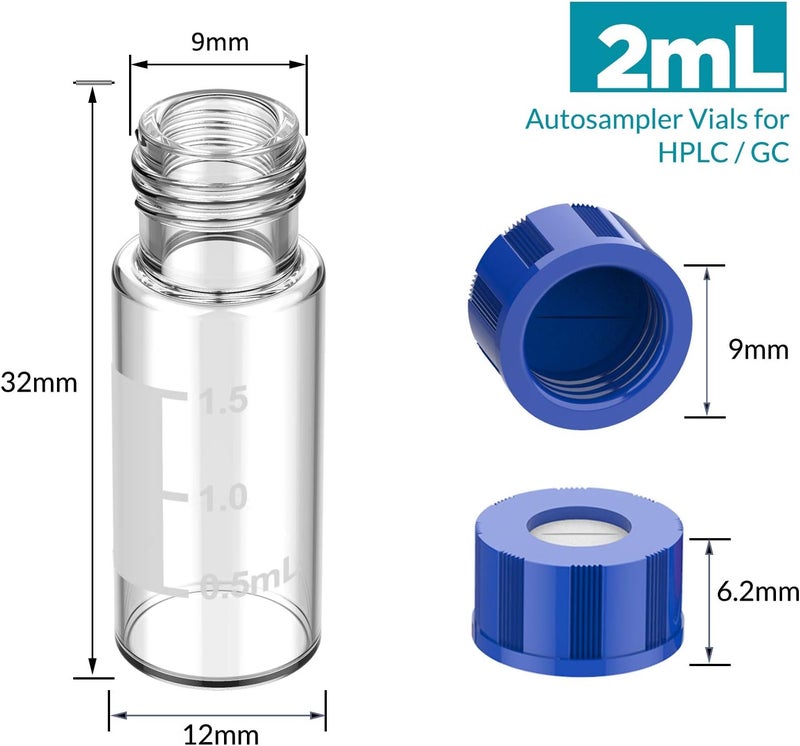Membrane Solutions محلولات الغشاء 100 قطعة من قوارير العينات الأوتوماتيكية، قوارير عينات HPLC سعة 2 مل، قوارير زجاجية شفافة من نوع 9-425 مع مساحة للكتابة، تدرجات، أغطية لولبية من ABS زرقاء مقاس 9 مم وحواجز لعينات GC - Image 2