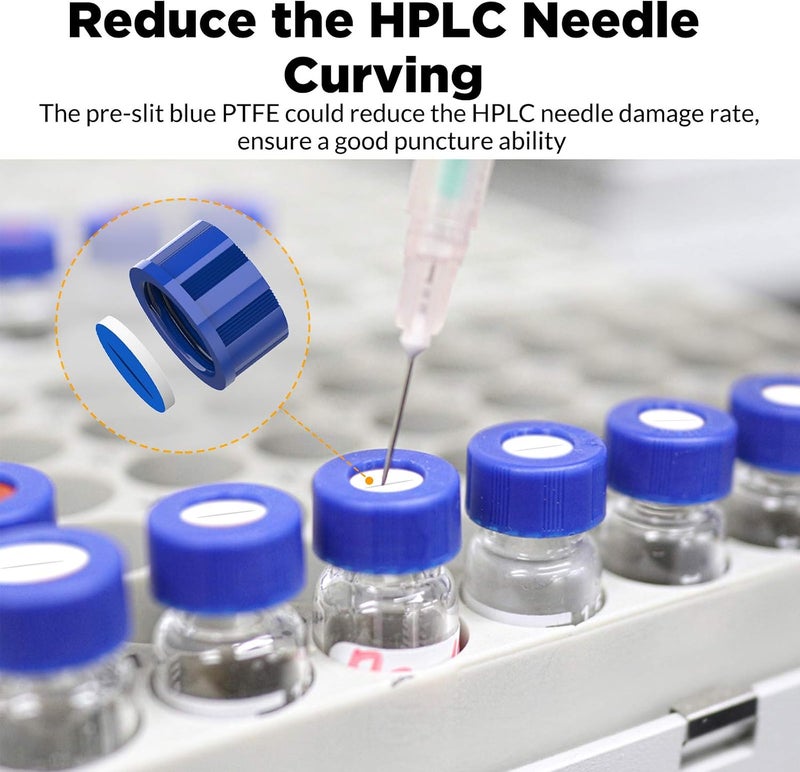 Membrane Solutions محلولات الغشاء 100 قطعة من قوارير العينات الأوتوماتيكية، قوارير عينات HPLC سعة 2 مل، قوارير زجاجية شفافة من نوع 9-425 مع مساحة للكتابة، تدرجات، أغطية لولبية من ABS زرقاء مقاس 9 مم وحواجز لعينات GC - Image 5