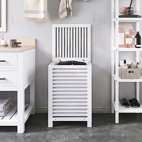 SMIBUY Double Laundry Hamper with Lid, 120L Bamboo Laundry Basket with Removable Liner Bag, 2-Section Clothes Divider Laundry Sorter for Laundry Room, Bathroom, Bedroom (White) - Image 2